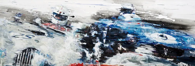 Minseok Kang, Across the Wind NO.1 (2015) — Lines of wind on a long vertical canvas and a car advancing through them, Mixed Media