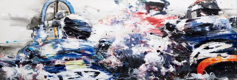 Minseok Kang, Across the Wind NO.3 (2015) — Lines of wind on a long vertical canvas and a car advancing through them, Mixed Media