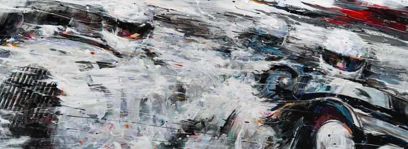 Minseok Kang, Across the Wind IV (2019) — Lines of wind on a long vertical canvas and a car advancing through them, Acrylic on Canvas