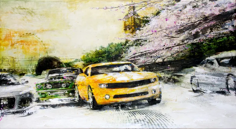 Minseok Kang, Begin NO.1 (2011) — A car at the starting line in silkscreen and mixed media, Mixed Media