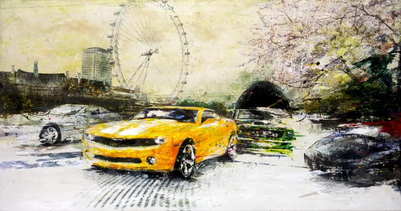 Minseok Kang, Begin NO.2 (2011) — A car at the starting line in silkscreen and mixed media, Mixed Media