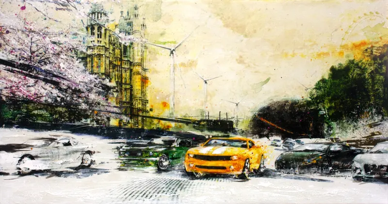 Minseok Kang, Begin NO.3 (2011) — A car at the starting line in silkscreen and mixed media, Mixed Media