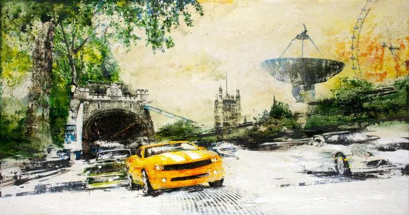 Minseok Kang, Begin NO.4 (2011) — A car at the starting line in silkscreen and mixed media, Mixed Media