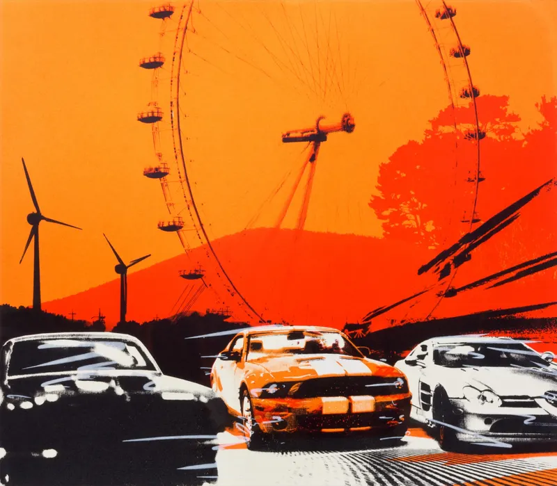 Minseok Kang, Begin NO.5 (2011) — A car at the starting line in silkscreen and mixed media, Silkscreen