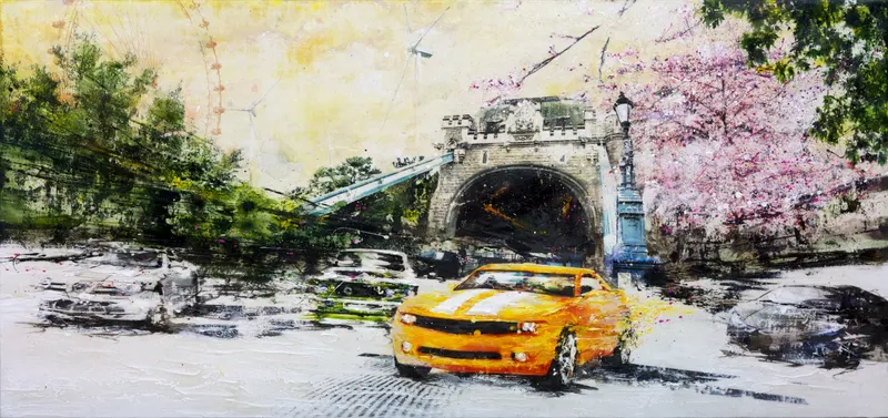 Minseok Kang, Begin NO.6 (2011) — A car at the starting line in silkscreen and mixed media, Mixed Media