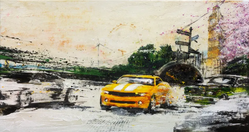 Minseok Kang, Begin NO.8 (2011) — A car at the starting line in silkscreen and mixed media, Mixed Media
