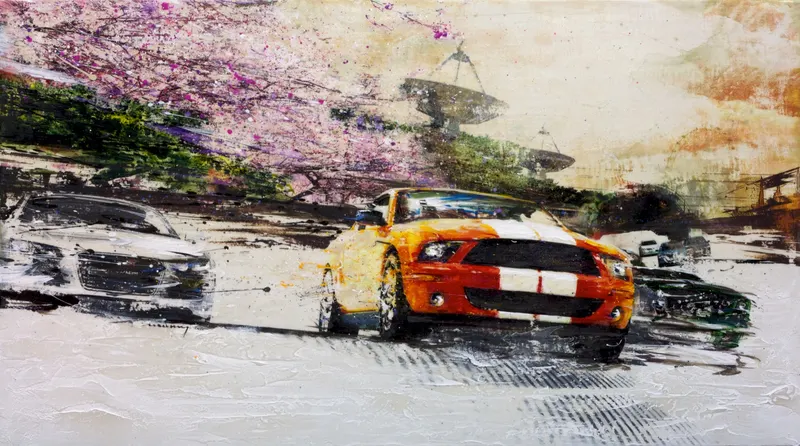Minseok Kang, Begin NO.9 (2011) — A car at the starting line in silkscreen and mixed media, Mixed Media