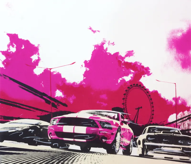 Minseok Kang, Begin NO.11 (2011) — A car at the starting line in silkscreen and mixed media, Silkscreen