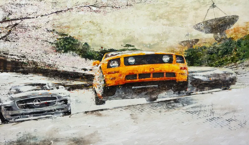 Minseok Kang, Begin NO.12 (2012) — A car at the starting line in silkscreen and mixed media, Mixed Media