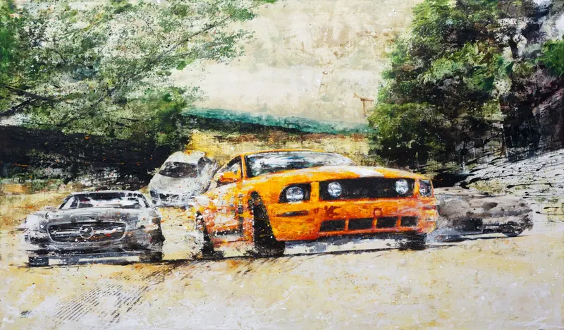 Minseok Kang, Begin NO.13 (2012) — A car at the starting line in silkscreen and mixed media, Mixed Media