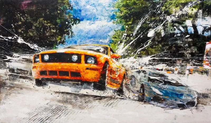Minseok Kang, Begin NO.14 (2012) — A car at the starting line in silkscreen and mixed media, Mixed Media