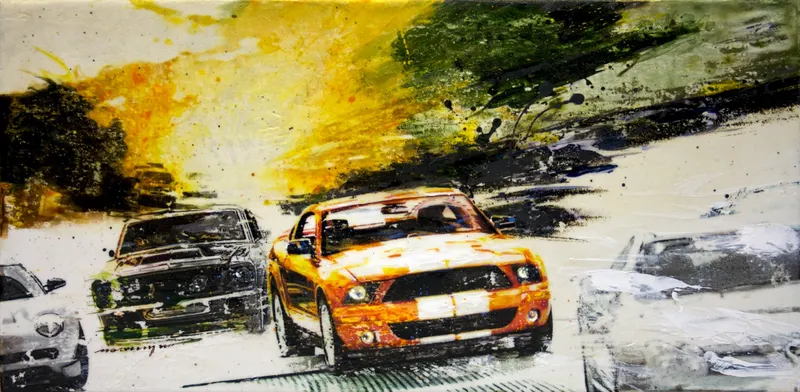 Minseok Kang, One's Eyes NO.1 (2011) — A car at the starting line in silkscreen and mixed media, Mixed Media