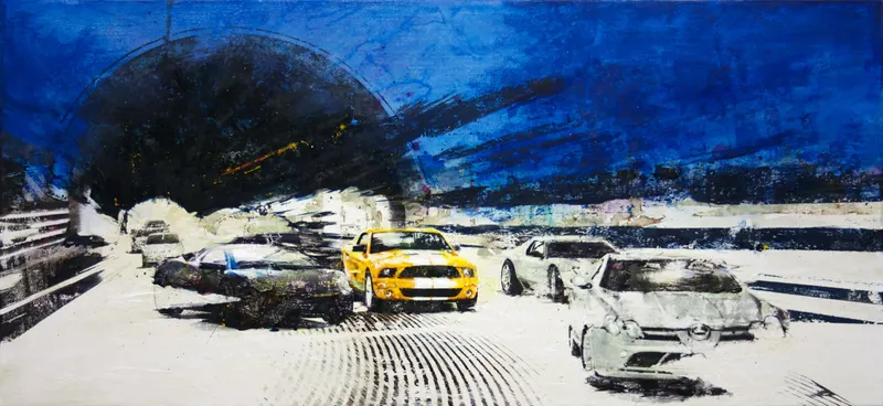 Minseok Kang, Competition 130.3×60 NO.3 (2011) — A car at the starting line in silkscreen and mixed media, Mixed Media