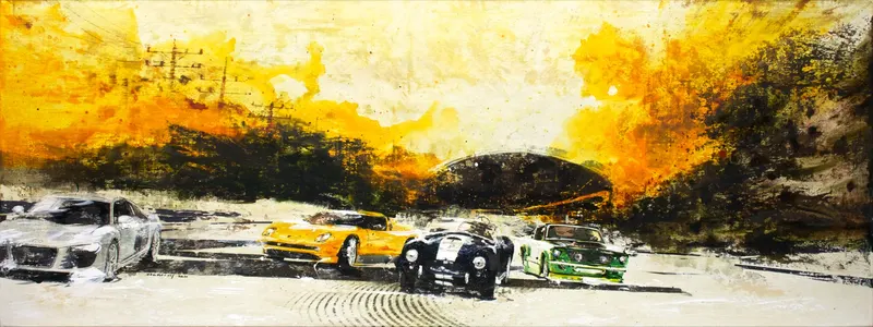 Minseok Kang, Competition 162.2×60.1 (2011) — A car at the starting line in silkscreen and mixed media, Mixed Media