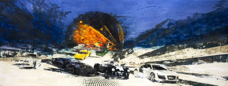 Minseok Kang, Competition 162×62.3 (2011) — A car at the starting line in silkscreen and mixed media, Mixed Media
