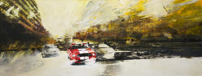 Minseok Kang, Competition 162.2×60 NO.1 (2011) — A car at the starting line in silkscreen and mixed media, Mixed Media