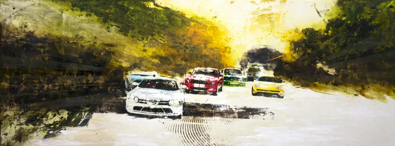 Minseok Kang, Competition 162.2×60 NO.2 (2011) — A car at the starting line in silkscreen and mixed media, Mixed Media