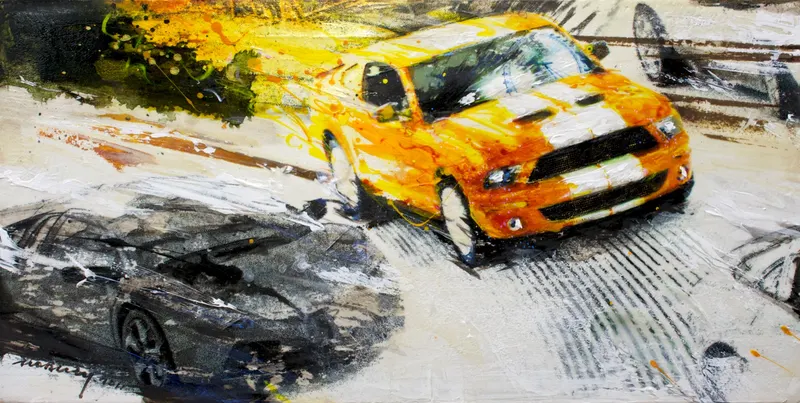 Minseok Kang, Outstrip NO.1 (2011) — A car at the starting line in silkscreen and mixed media, Mixed Media
