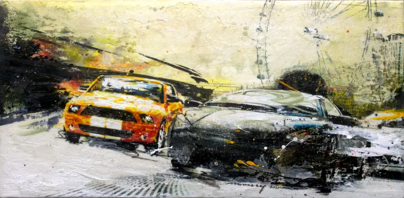Minseok Kang, Outstrip NO.2 (2011) — A car at the starting line in silkscreen and mixed media, Mixed Media