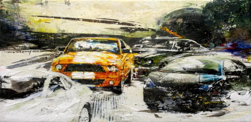 Minseok Kang, Outstrip NO.3 (2011) — A car at the starting line in silkscreen and mixed media, Mixed Media