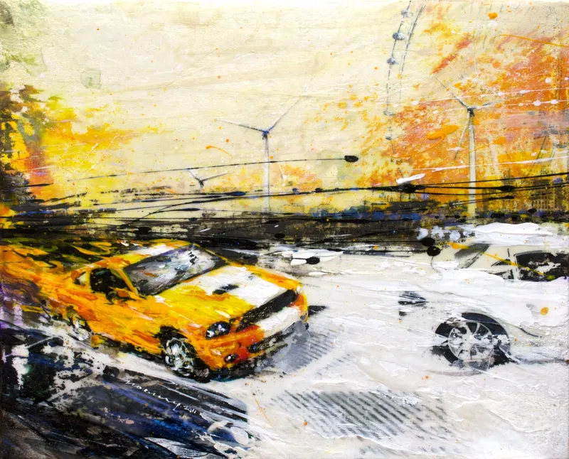 Minseok Kang, Outstrip NO.4 (2011) — A car at the starting line in silkscreen and mixed media, Mixed Media
