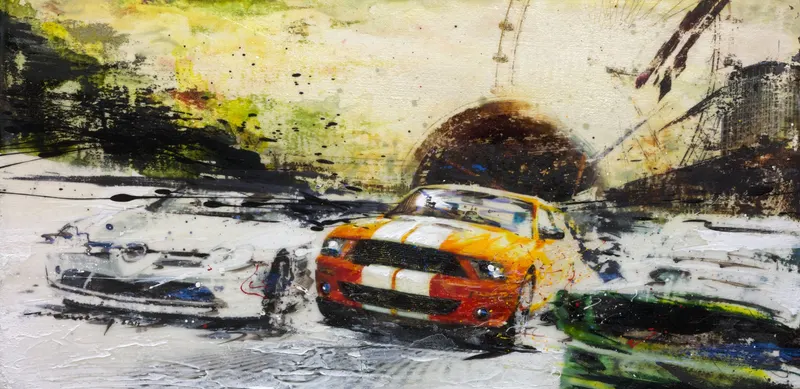 Minseok Kang, Outstrip NO.5 (2011) — A car at the starting line in silkscreen and mixed media, Mixed Media