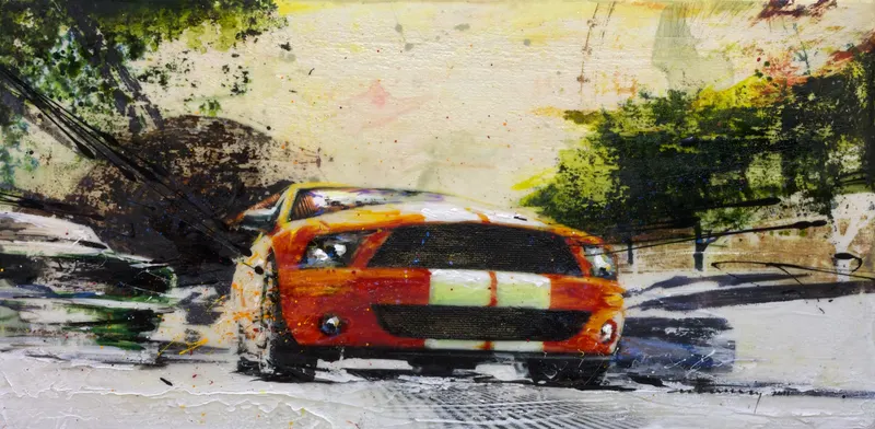 Minseok Kang, Outstrip NO.6 (2011) — A car at the starting line in silkscreen and mixed media, Mixed Media