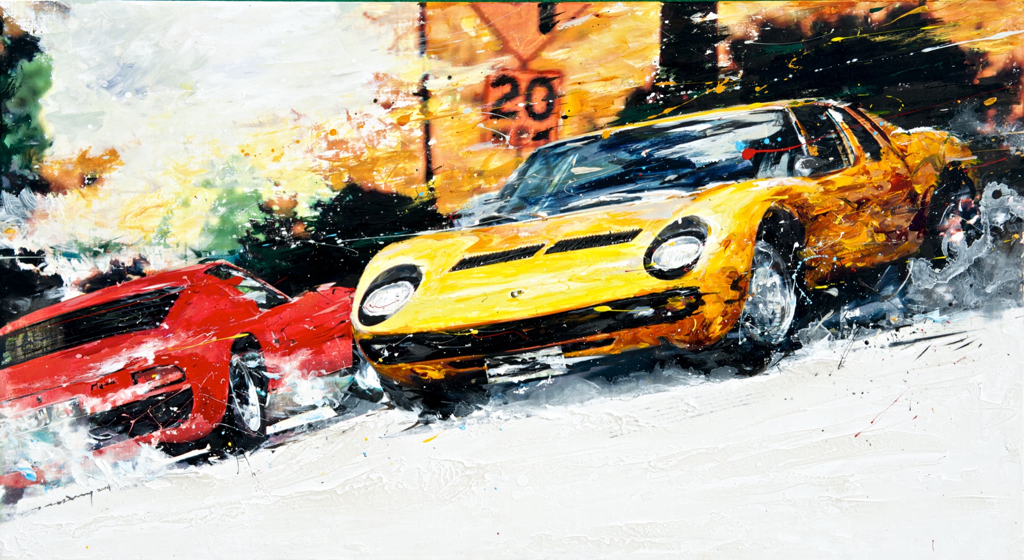 Minseok Kang 강민석 Lamborghini Miura 1960 브랜드 카 91×50cm Mixed Media 2014 Korean contemporary art automotive fine art 브랜드 카 Brand Cars classic car painting