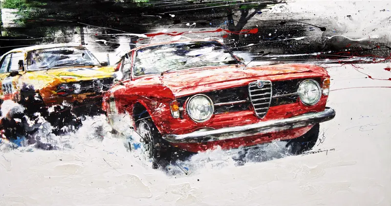 Minseok Kang, Alfa Romeo Giulia Sprint GT 1300 Junior 1966 (2014) — Classic cars of the 1950s–60s rendered in mixed media, Mixed Media