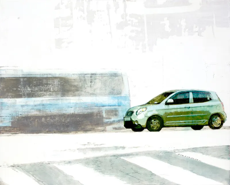 Minseok Kang, Hesitate (2009) — A mixed media canvas compressing the city's crowds and gazes, Mixed Media