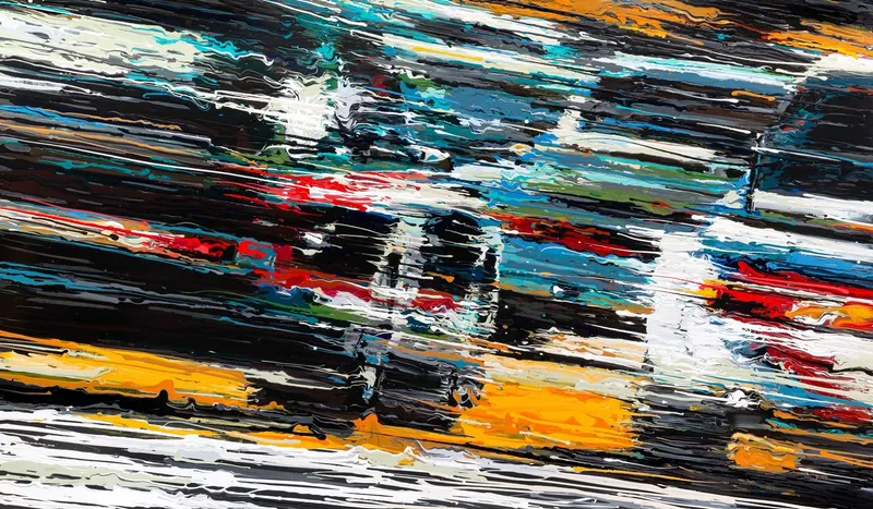 Minseok Kang, Endless Force II (2019) — A distorted, deconstructed car amid explosive colors and lines, Acrylic on Canvas
