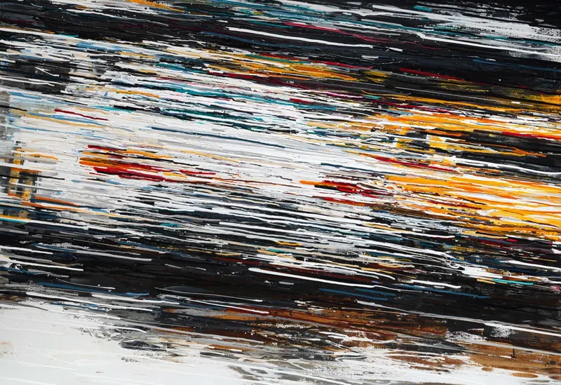 Minseok Kang, Endless Force III (2019) — A distorted, deconstructed car amid explosive colors and lines, Acrylic on Canvas