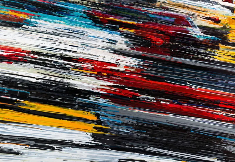 Minseok Kang, Endless Force V (2019) — A distorted, deconstructed car amid explosive colors and lines, Acrylic on Canvas