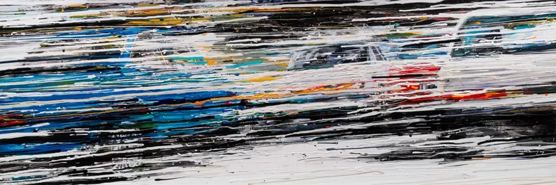 Minseok Kang, Endless Force VI (2019) — A distorted, deconstructed car amid explosive colors and lines, Acrylic on Canvas