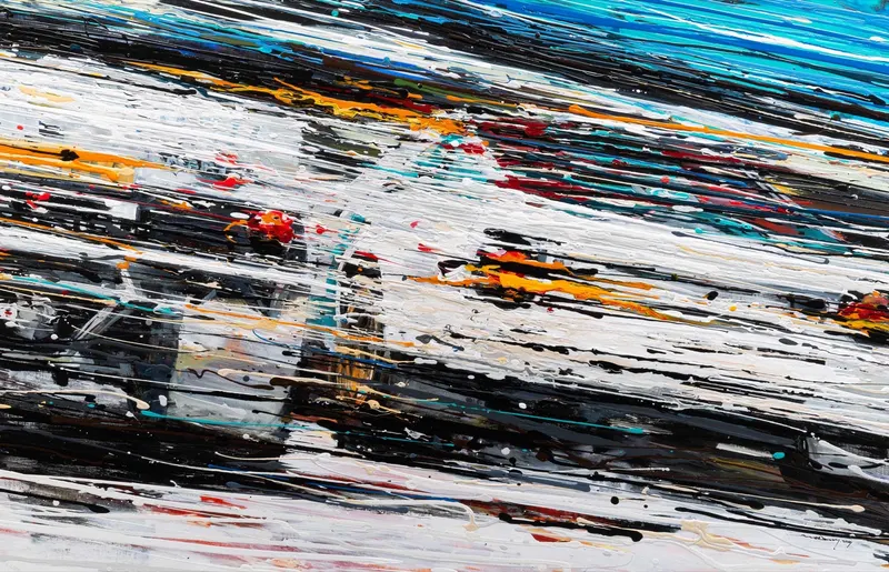 Minseok Kang, Endless Force VII (2019) — A distorted, deconstructed car amid explosive colors and lines, Acrylic on Canvas