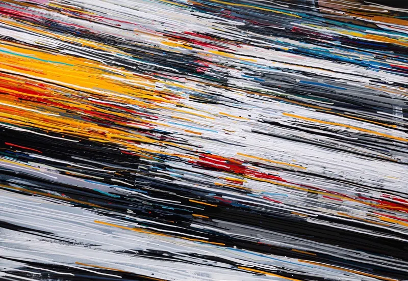 Minseok Kang, Endless Force X (2019) — A distorted, deconstructed car amid explosive colors and lines, Acrylic on Canvas