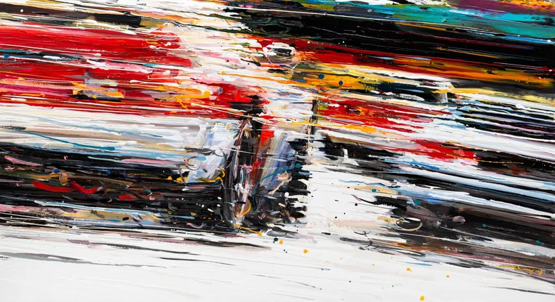 Minseok Kang, Endless Force XI (2019) — A distorted, deconstructed car amid explosive colors and lines, Acrylic on Canvas