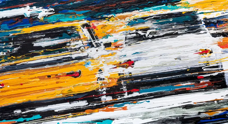 Minseok Kang, Endless Force XII (2019) — A distorted, deconstructed car amid explosive colors and lines, Acrylic on Canvas
