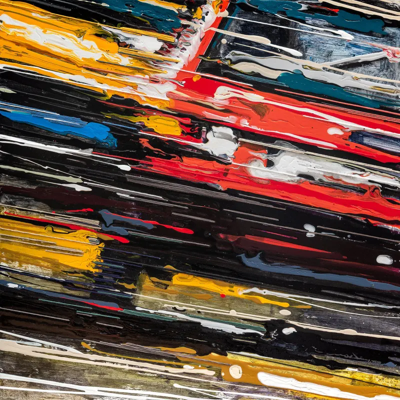 Minseok Kang, Endless Force XIII (2019) — A distorted, deconstructed car amid explosive colors and lines, Mixed Media Acrylic Thread