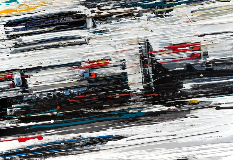 Minseok Kang, Endless Force XIV (2019) — A distorted, deconstructed car amid explosive colors and lines, Mixed Media Acrylic Thread