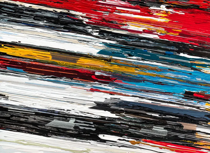 Minseok Kang, Endless Force XVI (2020) — A distorted, deconstructed car amid explosive colors and lines, Mixed Media Acrylic Thread