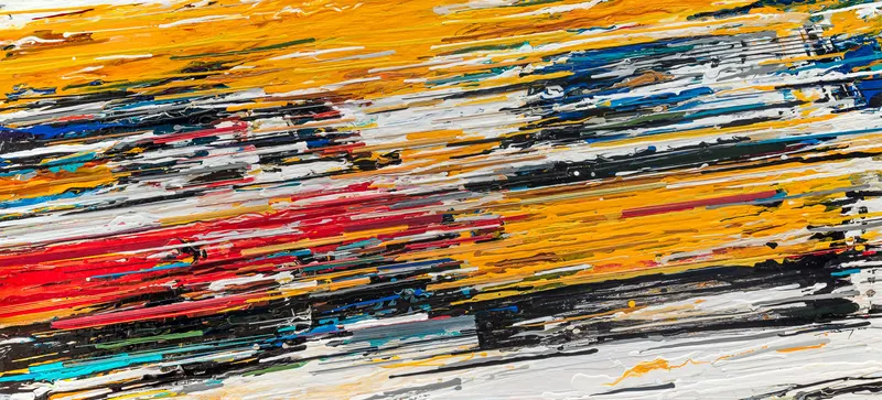 Minseok Kang, Endless Force XVII (2020) — A distorted, deconstructed car amid explosive colors and lines, Mixed Media Acrylic Thread