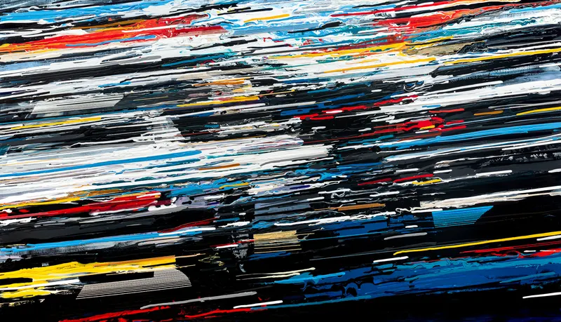 Minseok Kang, Endless Force XVIII (2020) — A distorted, deconstructed car amid explosive colors and lines, Mixed Media Acrylic Thread