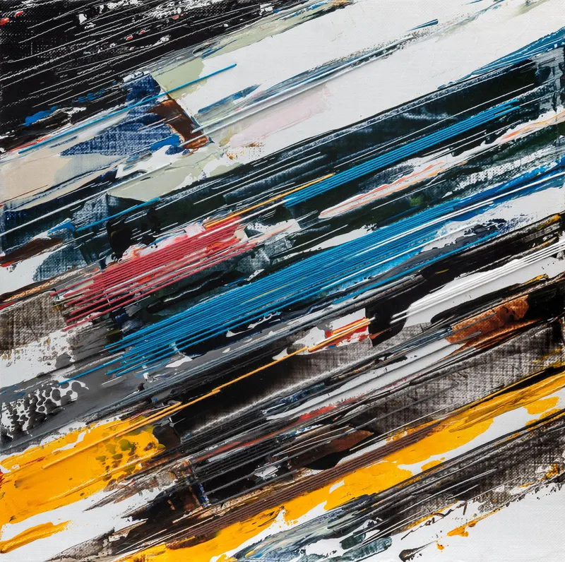 Minseok Kang, Endless Force XIX (2021) — A distorted, deconstructed car amid explosive colors and lines, Mixed Media Acrylic Thread