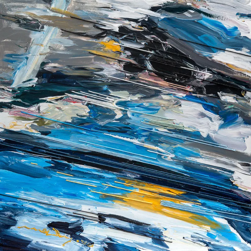 Minseok Kang, Endless Force XX (2021) — A distorted, deconstructed car amid explosive colors and lines, Mixed Media Acrylic Thread