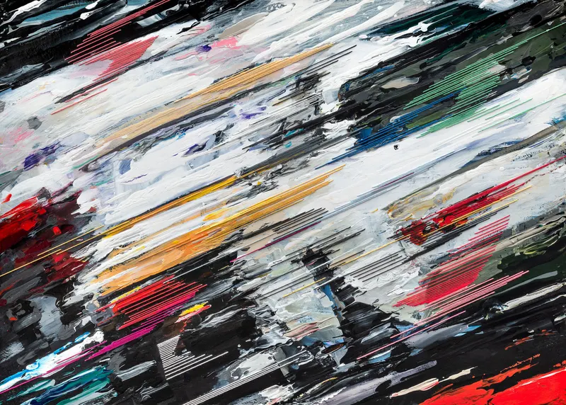 Minseok Kang, Endless Force XXII (2021) — A distorted, deconstructed car amid explosive colors and lines, Mixed Media Acrylic Thread