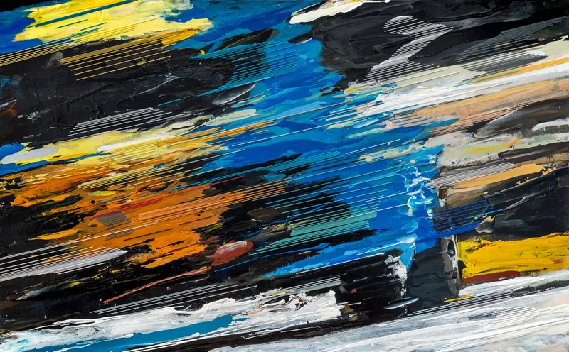 Minseok Kang, Endless Force XXIII (2021) — A distorted, deconstructed car amid explosive colors and lines, Mixed Media Acrylic Thread