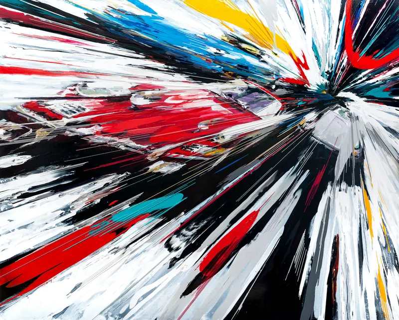 Minseok Kang, Endless Force XXIV (2021) — A distorted, deconstructed car amid explosive colors and lines, Mixed Media Acrylic Thread