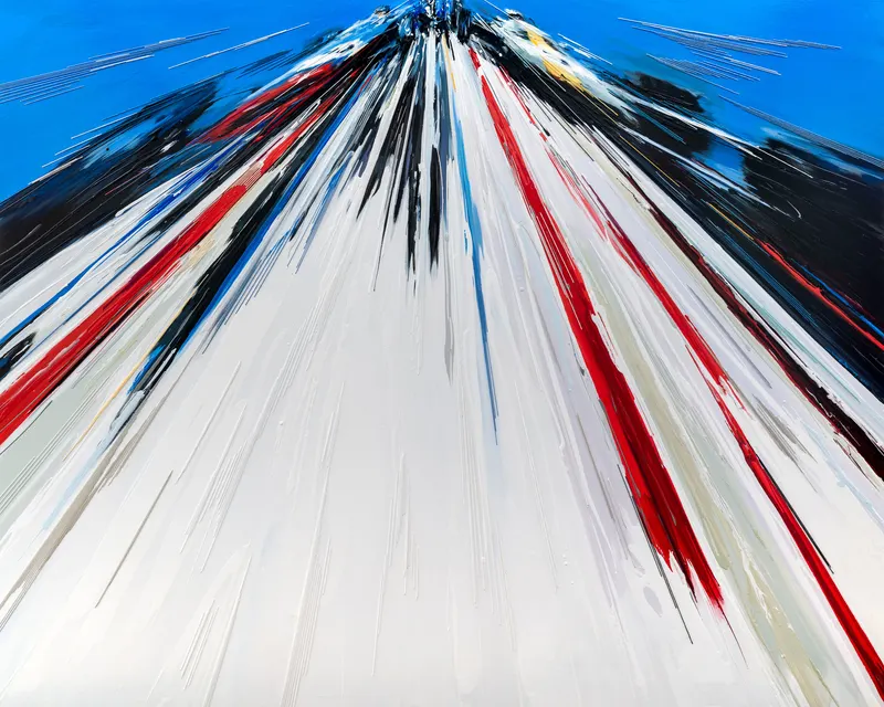 Minseok Kang, Endless Force XXV (2021) — A distorted, deconstructed car amid explosive colors and lines, Mixed Media Acrylic Thread
