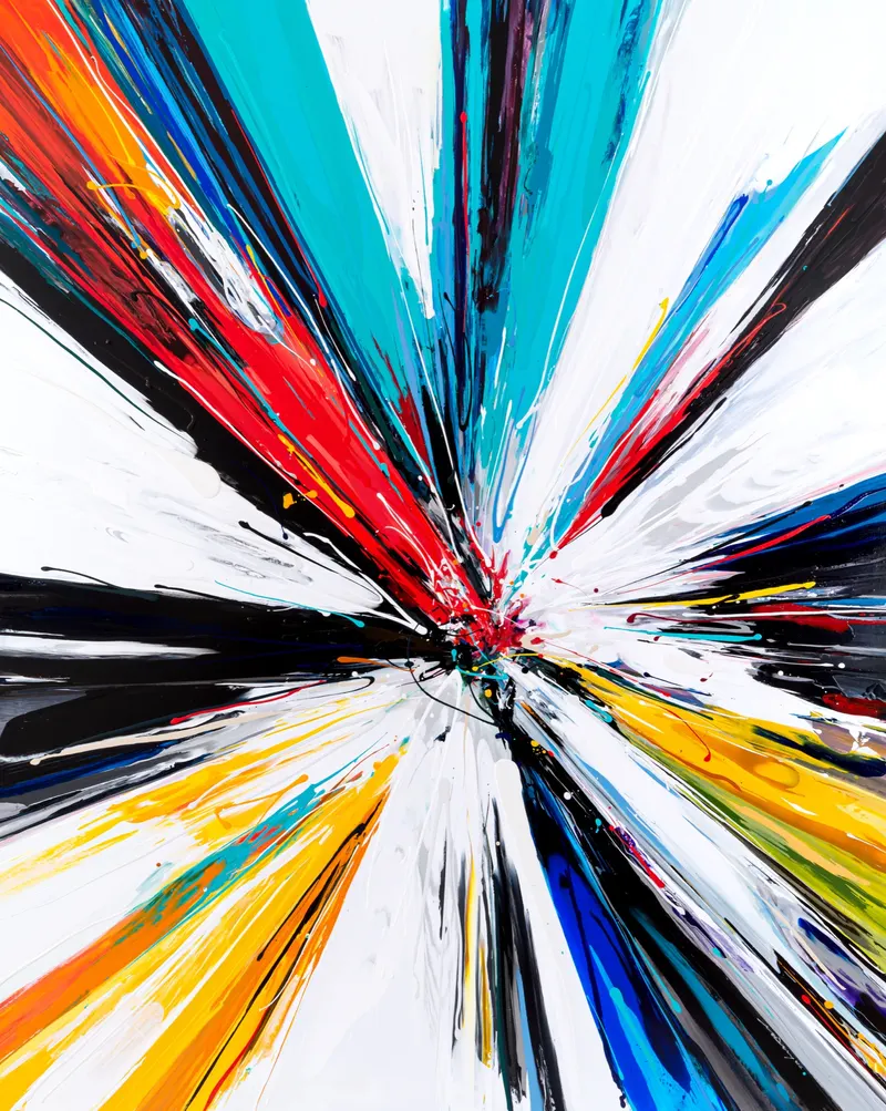 Minseok Kang, Endless Force XXVI (2022) — A distorted, deconstructed car amid explosive colors and lines, Acrylic on Canvas